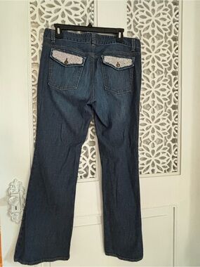 Ann Taylor Dark Blue Flare Jeans with Rhinestone Pocket Flaps